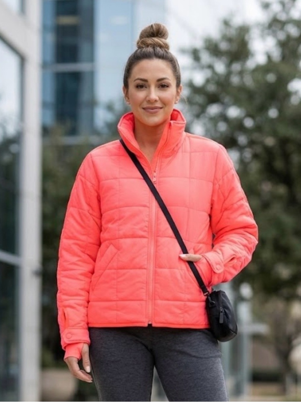 Free People Neon Coral Quilted Puffer Jacket